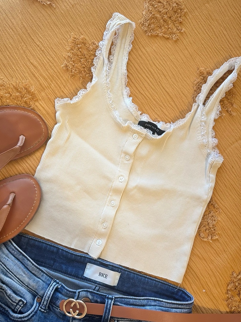 Forever 21 Beige Ribbed Lace-Trim Tank Top